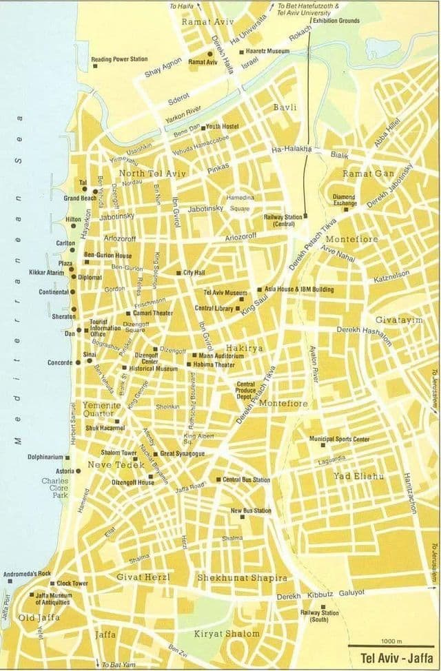Mapa dos passeios a pé em Tel Aviv